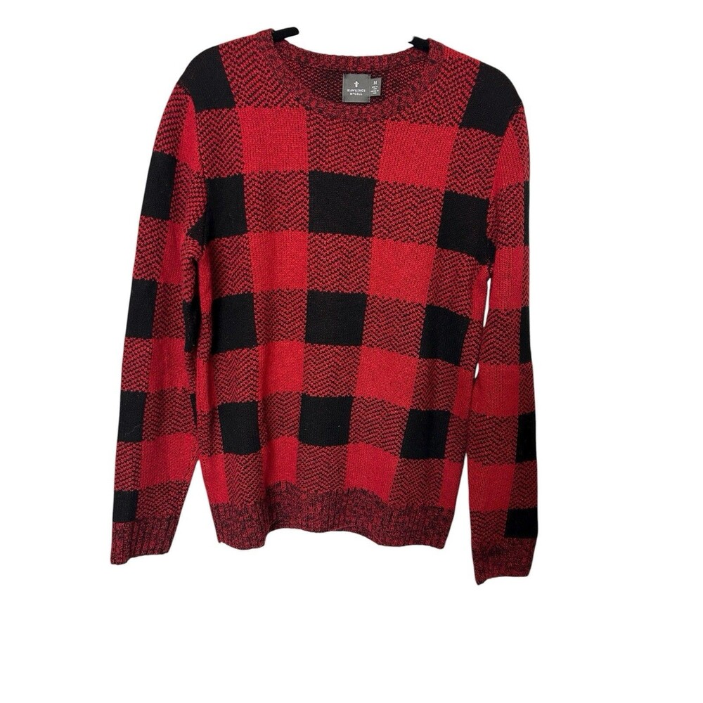 Hawkings McGill Mens Size M Black Red Buffalo Plaid Lambswool Blend Sweater
